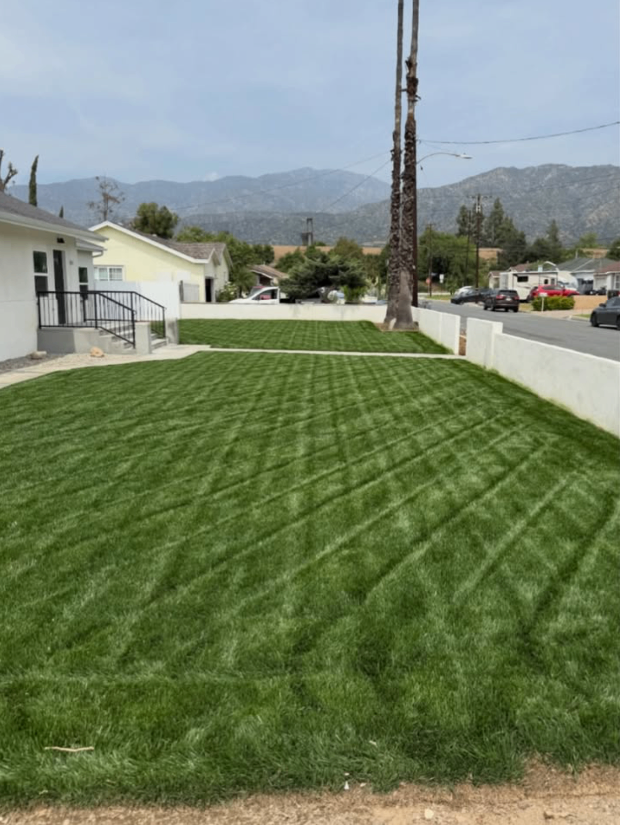Freshly striped residential lawn maintenance project completed by D&M Landscaping